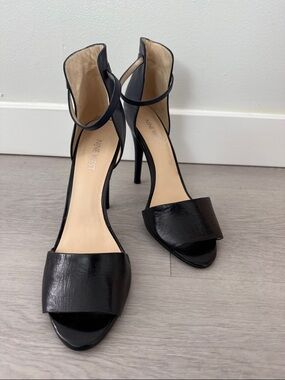 Nine West Black/Navy Leather Open-Toe Ankle-Strap Stiletto Heels